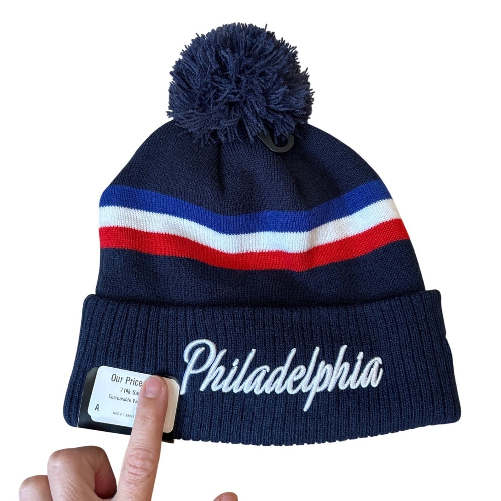 New Era Philadelphia 76ers Beanie Hat Mens Navy Blue Striped Pom NWT SIZE OSFA